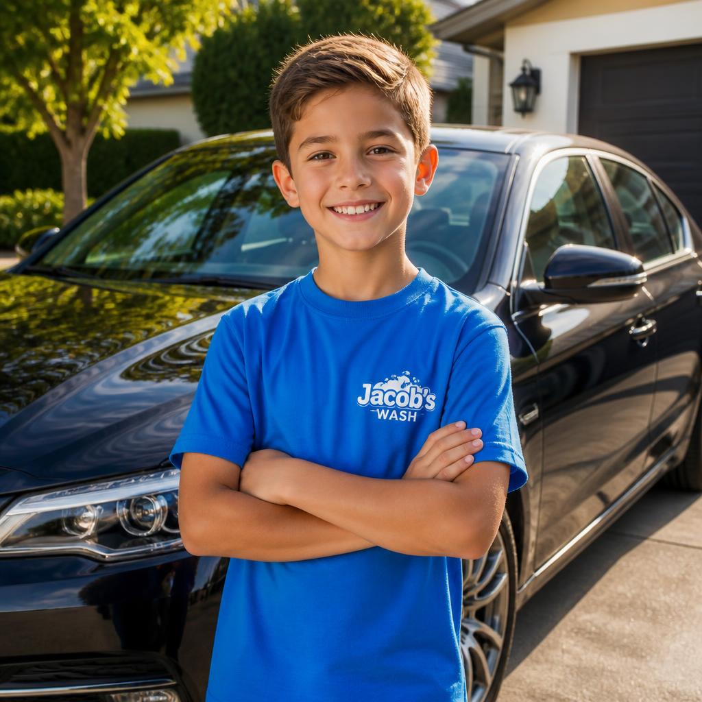 Jacob standing proudly next to a clean car