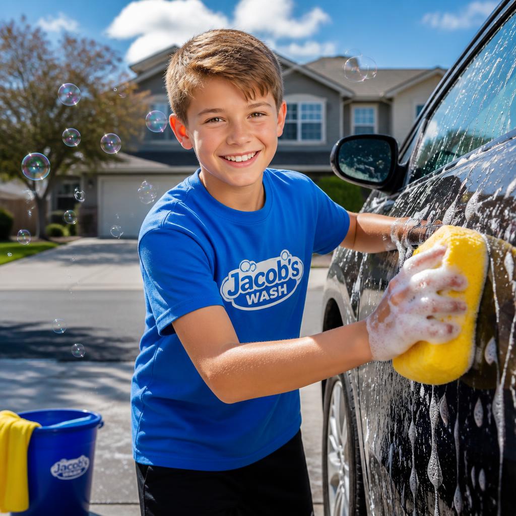 Jacob washing a car in a sunny driveway